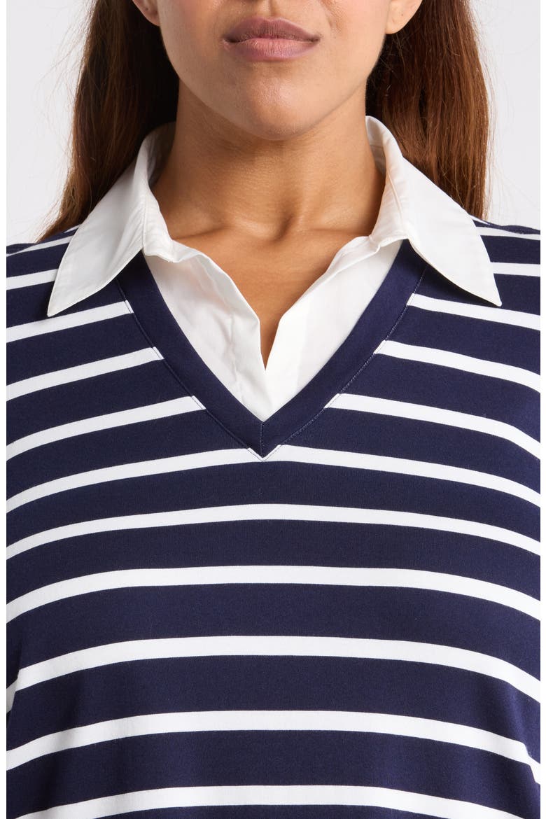 Striped Cotton V-Neck Top with Poplin Trim, Alternate, color, PACIFIC NAVY/ NATURAL WHITE