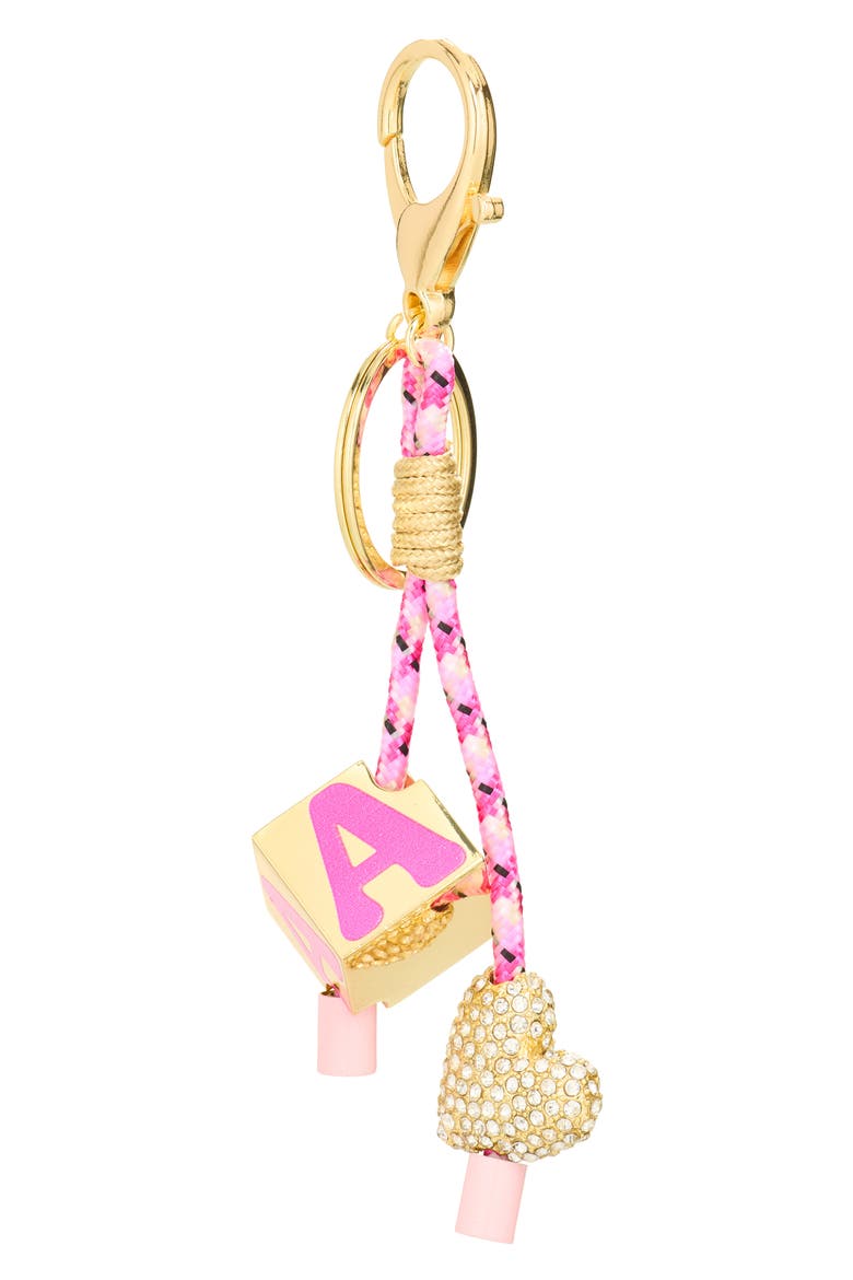 Heart & Block Initial Bag Charm, Main, color, GOLD/ PINK/ CLEAR - A