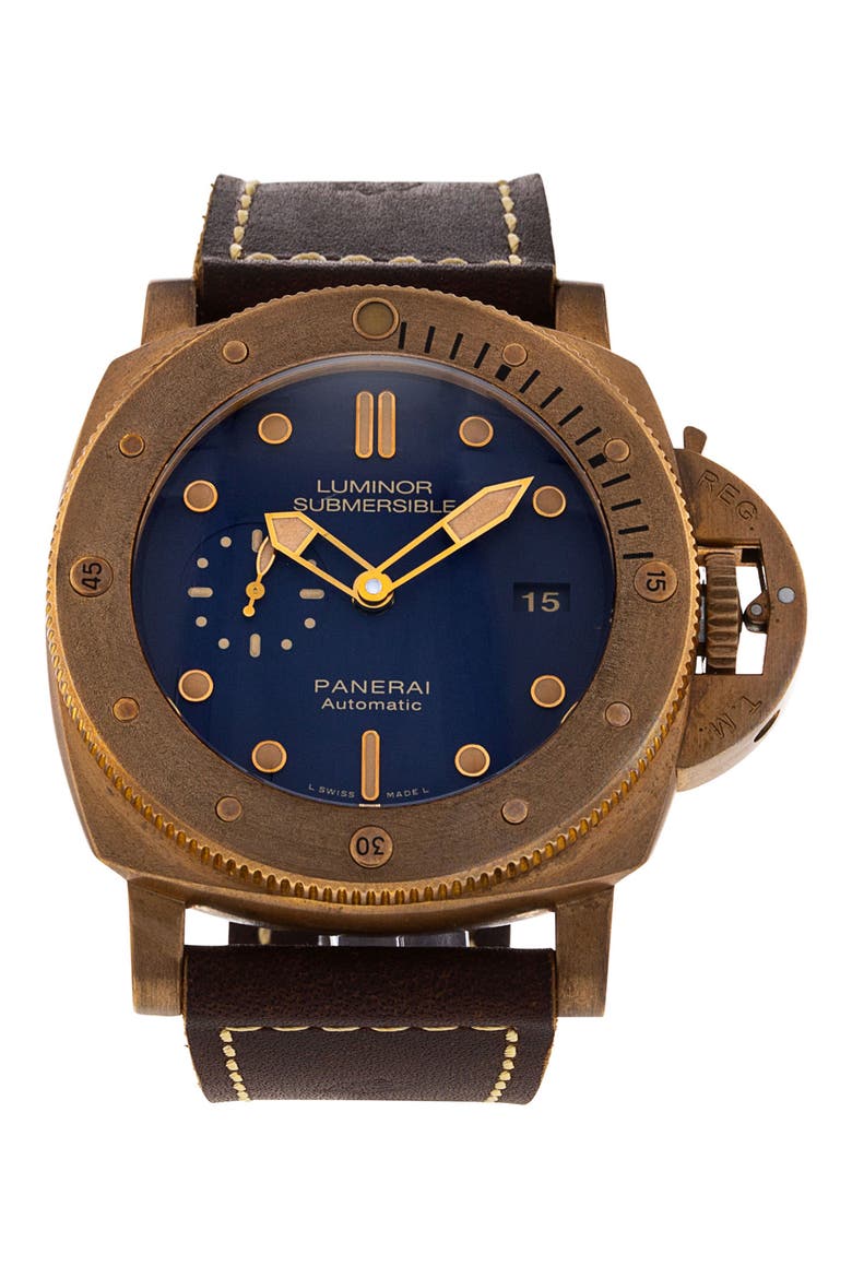 Panerai Preowned Luminor Submersible Leather Strap Watch, 47mm, Main, color, BROWN/ BLUE