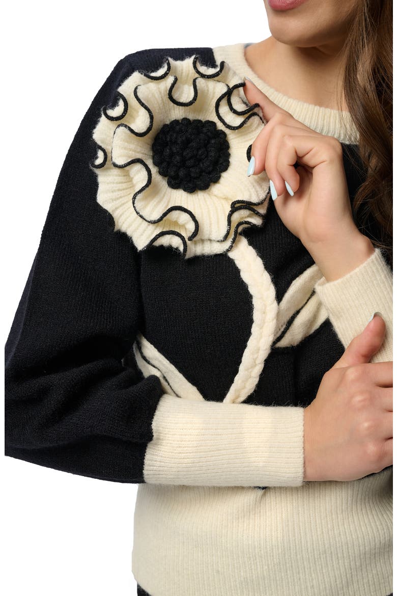 Ruffled Bloom Pullover Sweater, Alternate, color, BLACK