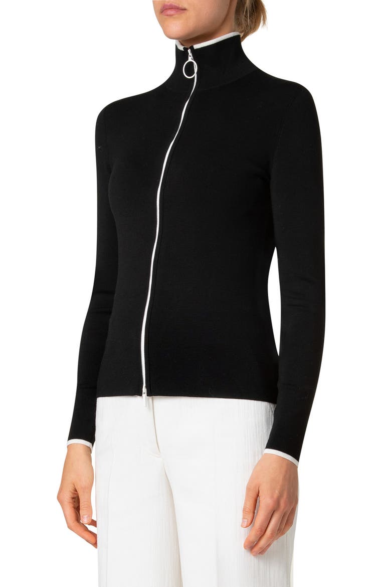 Stretch Virgin Wool Zip Cardigan, Alternate, color, BLACK-CREAM