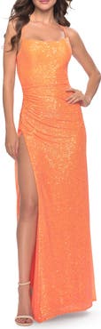 La Femme Ruched Sequin Prom Dress with High Side Slit