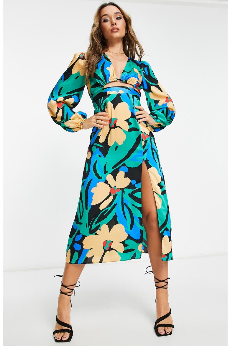Floral Cutout Long Sleeve Satin Midi Dress, Main, color, BLUE