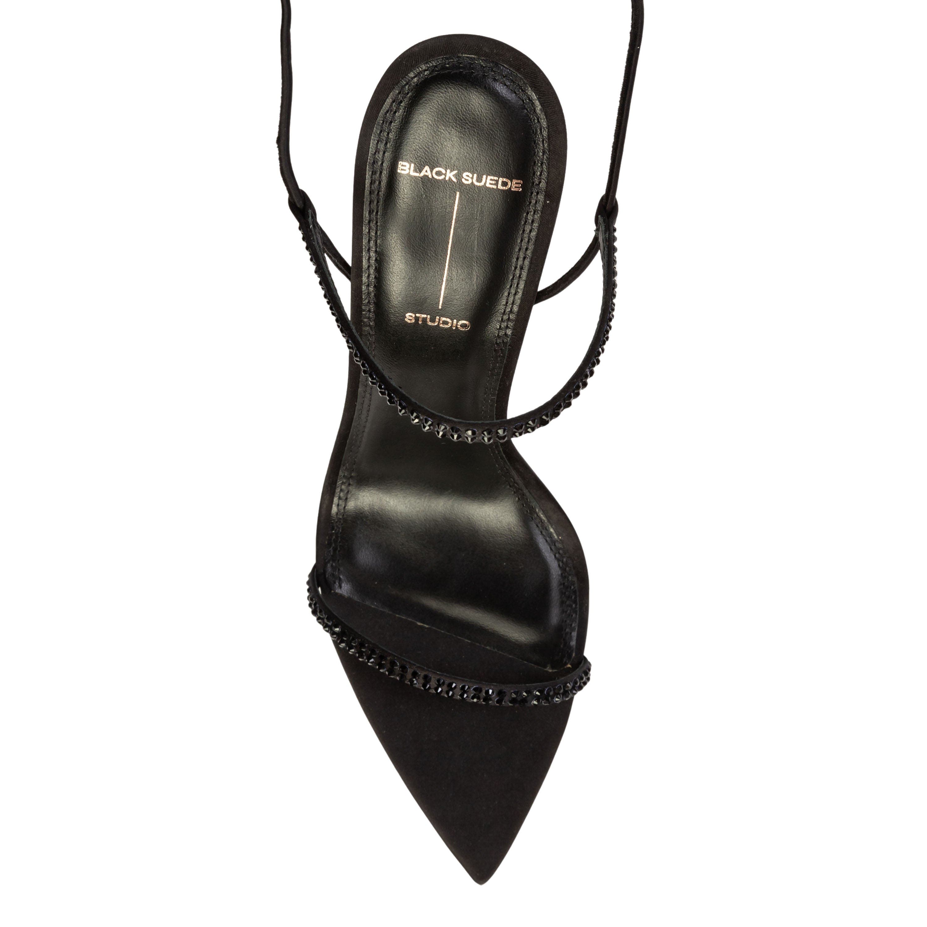 BLACK SUEDE STUDIO Lauren100 Strappy Sandal, Alternate, color, Black Satin Embellished
