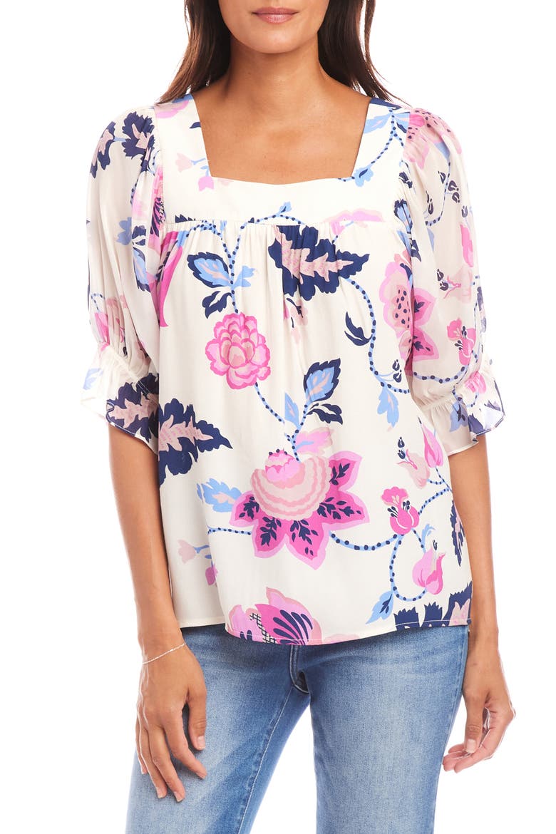 Print Ruffle Cuff Square Neck Top, Main, color, IVORY PRINT