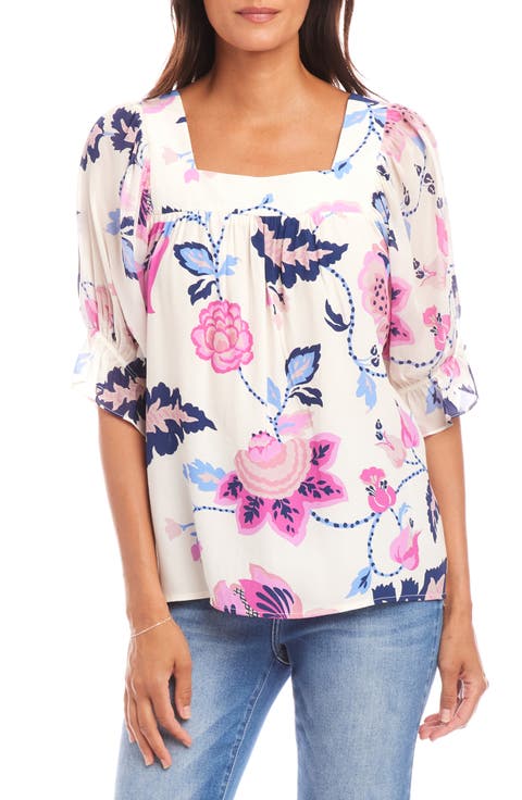 Print Ruffle Cuff Square Neck Top