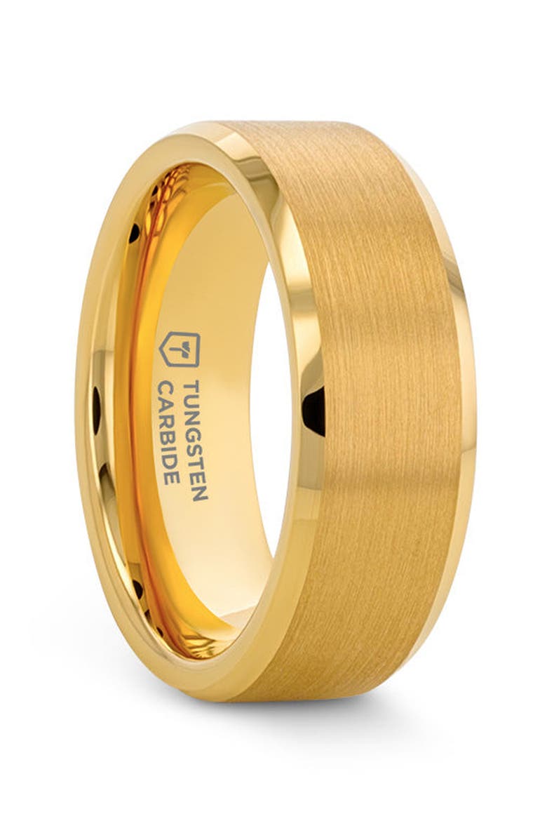 Tungsten Beveled Edge Flat Wedding Band With Brushed Center, Main, color, Gold 4mm