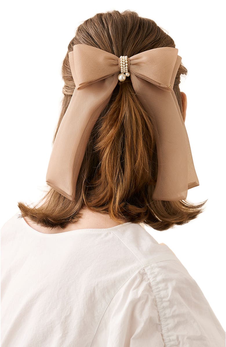 Alexandre de Paris Organza silk bow barette, Alternate, color, Beige
