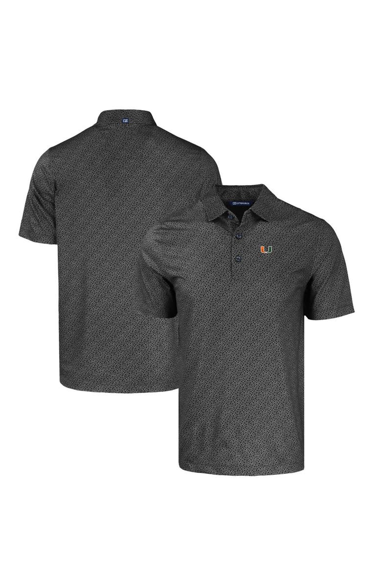 Cutter & Buck Men's Cutter & Buck Black Miami Hurricanes Pike Eco Pebble Print Stretch Recycled Polo, Main, color, 