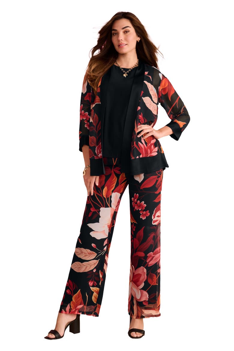 Plus Size Georgette Printed Contrast Trim Pant Set, Main, color, ORANGE FLORAL