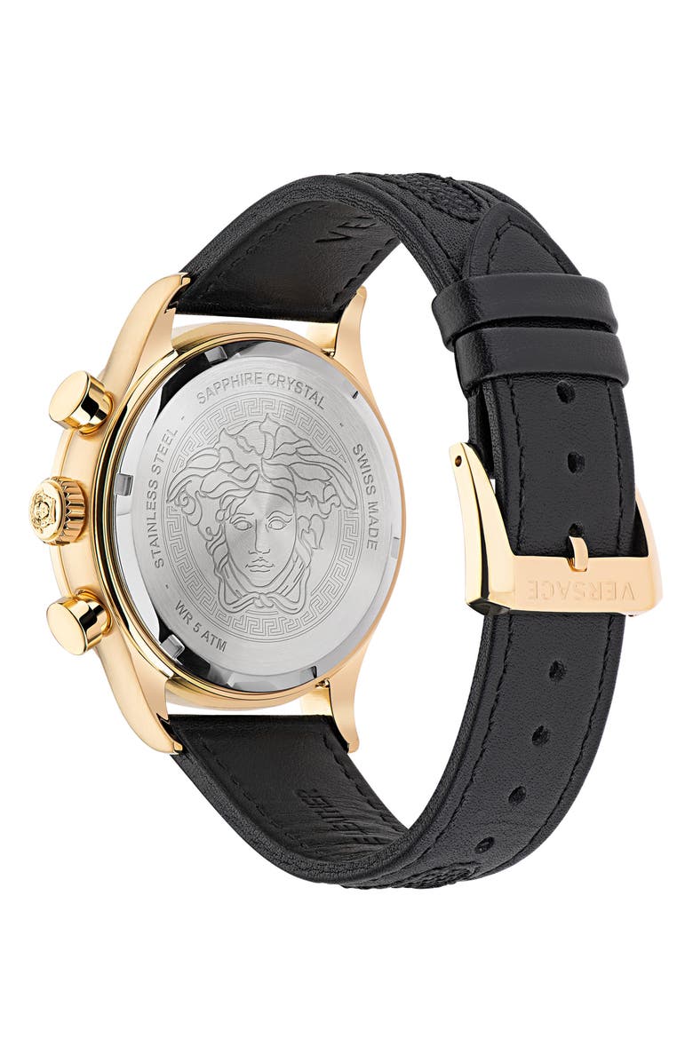 Versace Hellenyium Chronograph Leather Strap Watch, 44mm, Alternate, color, Gold