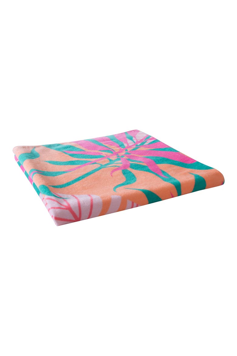 Tropical Leaves Rectangle Beach Towel, Alternate, color, PINKS WITH BLUE