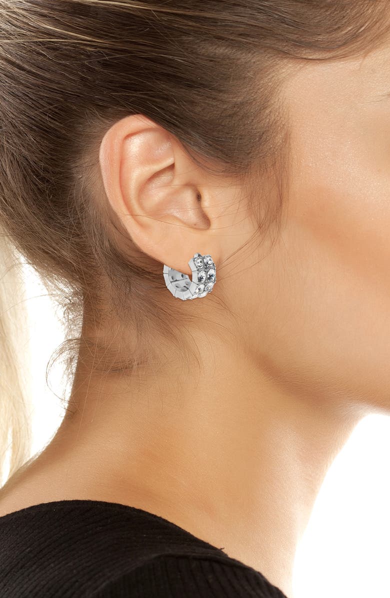 AllSaints Double Crystal Hoop Earrings, Alternate, color, Rhodium