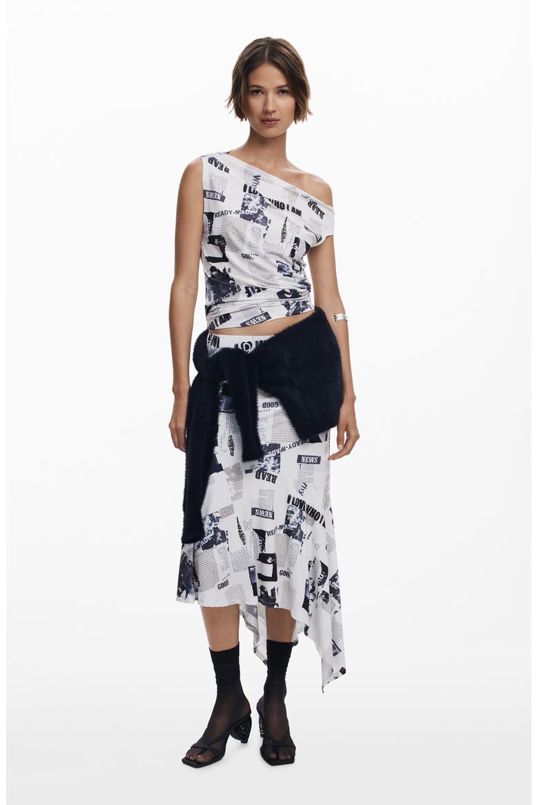 Newspaper Print One-Shoulder Top, Alternate, color, WHITE