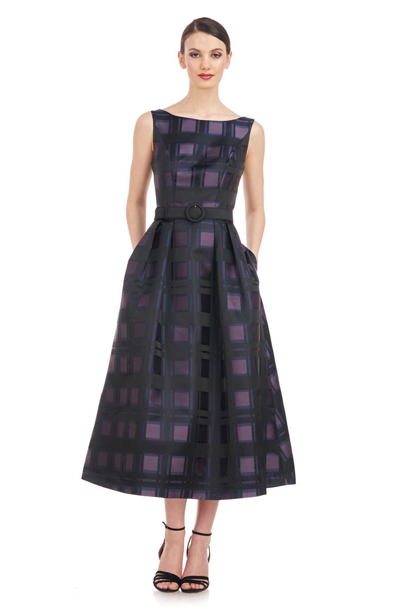 Kay Unger Isla Plaid Pleated Belted Cocktail Dress, Alternate, color, Black/ Night Blue