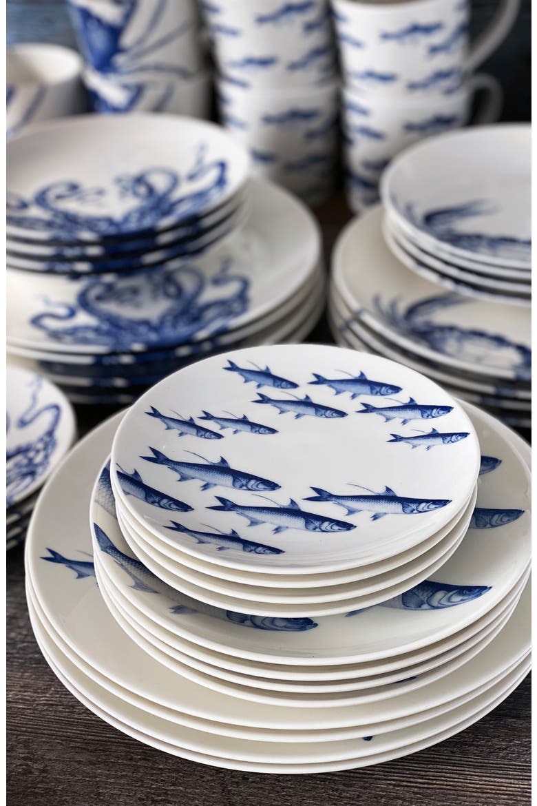 School of Fish Small Plates - Porcelain - Set 4, Alternate, color, BLUE