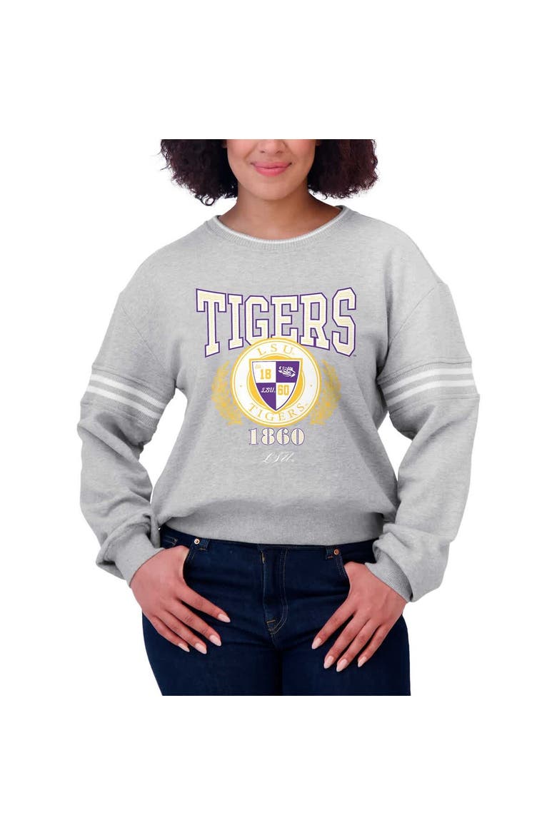 Women's WEAR by Erin Andrews Heather Gray LSU Tigers Classic Stripe Pullover Sweater, Alternate, color, Heather Gray
