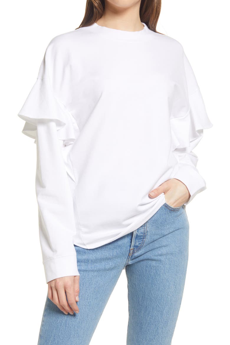 Ruffle Detail Sweatshirt, Main, color, WHITE