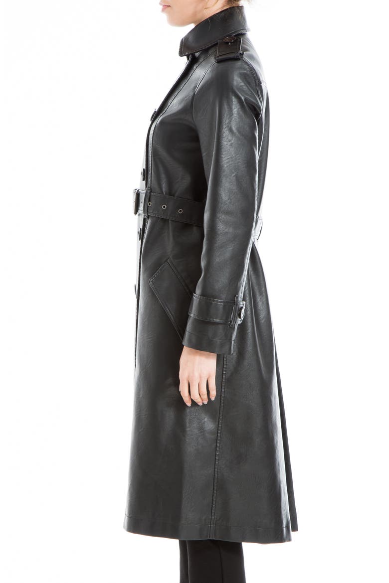 Faux Leather Long Trench Coat, Alternate, color, BLACK