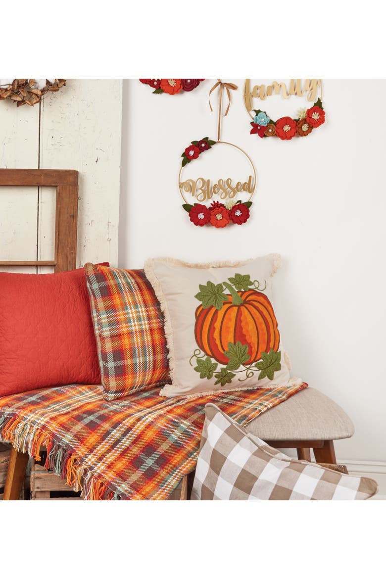 Crewelwork Pumpkin Halloween Throw Pillow, 18" x 18", Alternate, color, Orange