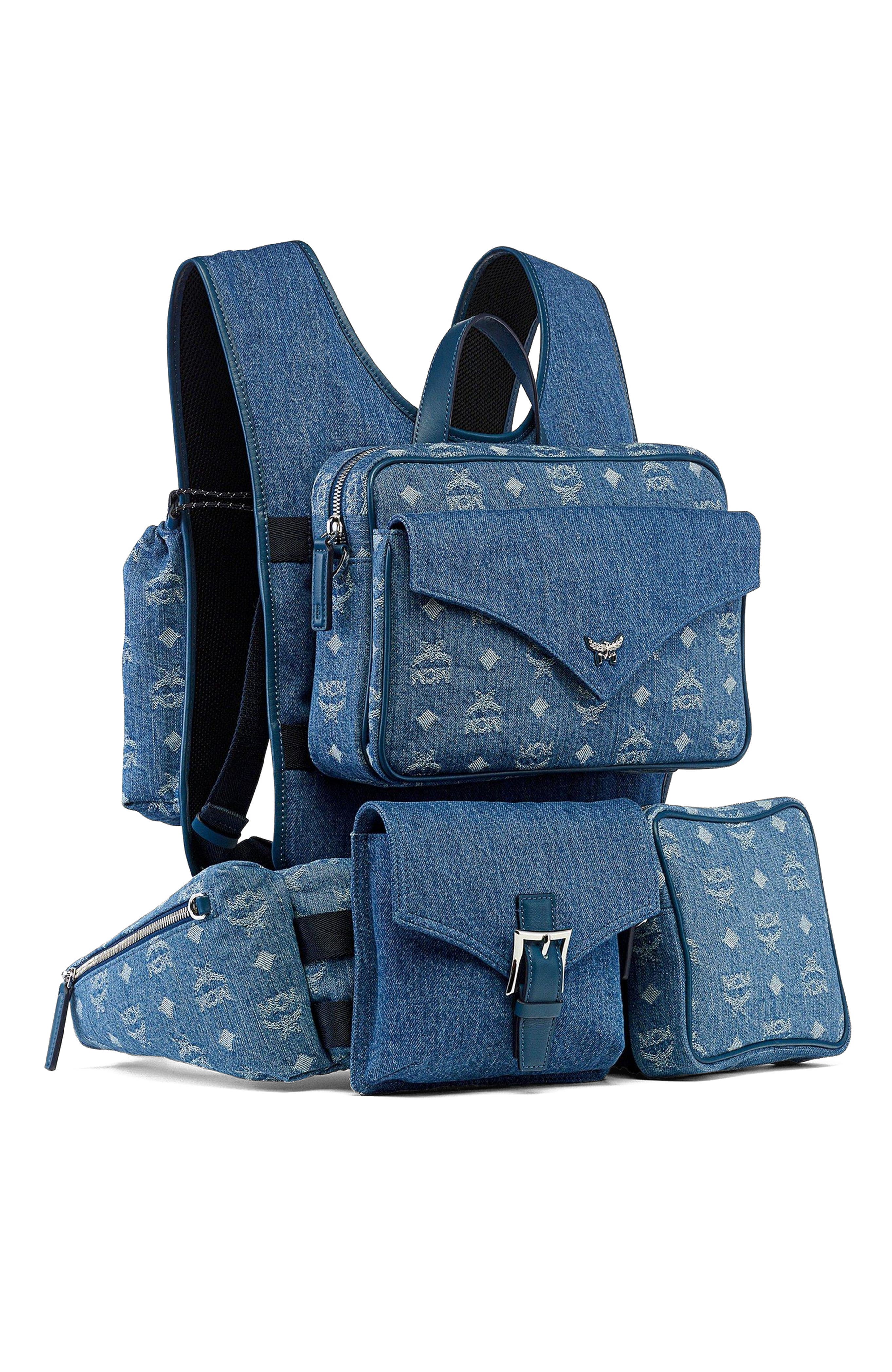 MCM Aren Multi-Backpack in Monogram Denim Jacquard, Alternate, color, Blue