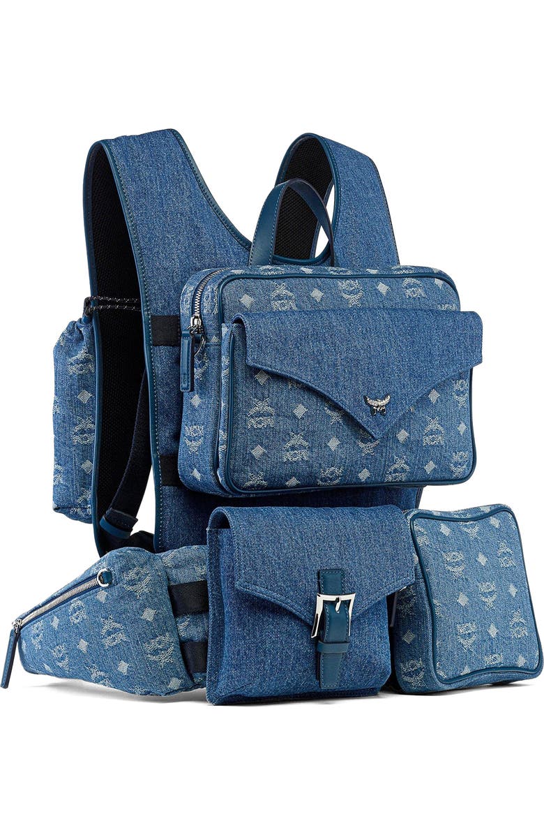 MCM Aren Multi-Backpack in Monogram Denim Jacquard, Alternate, color, Blue