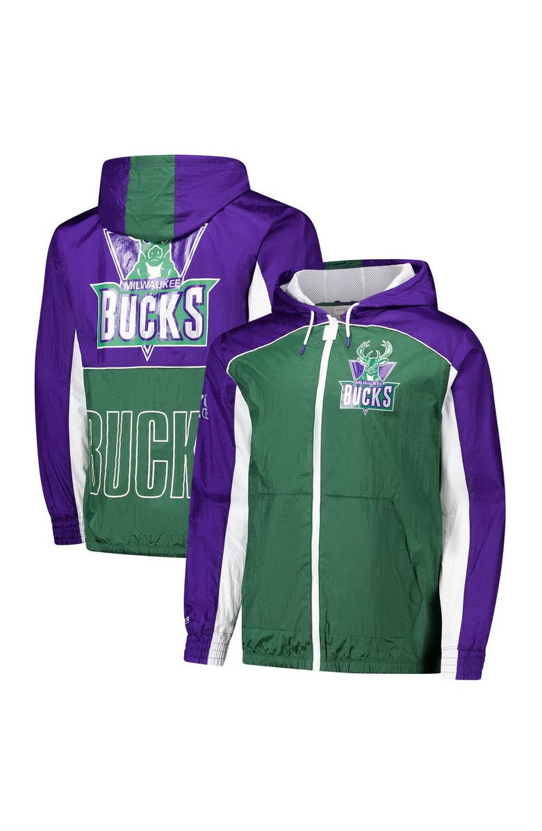 Mitchell & Ness Men's Mitchell & Ness Green/Purple Milwaukee Bucks Hardwood Classics Big Shot Premium Full-Zip Windbreaker Jacket, Alternate, color, Green