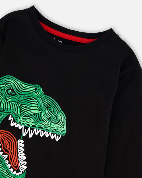 Deux Par Deux Long Sleeve Jersey Tee Shirt With Dinosaur In Black