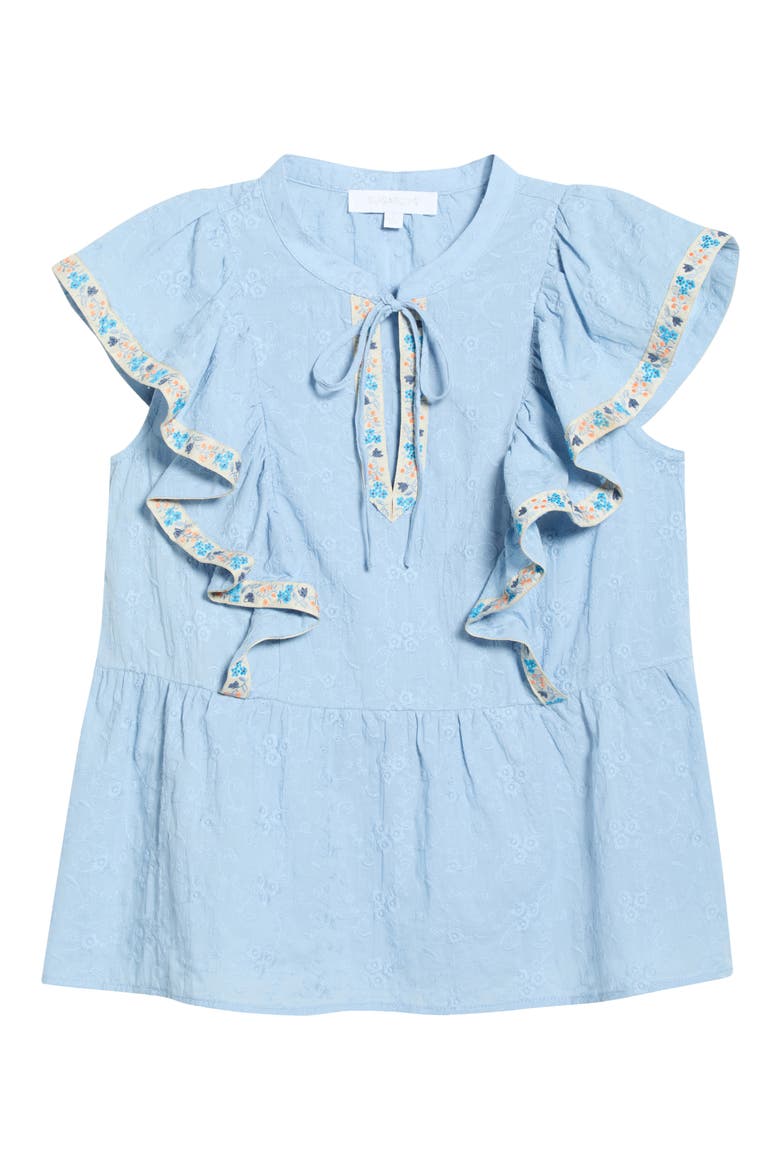 Marcy Floral Ruffle Trim Split Neck Top, Alternate, color, LT-BLUE