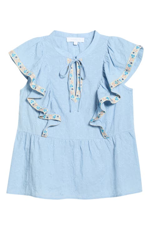 Marcy Floral Ruffle Trim Split Neck Top