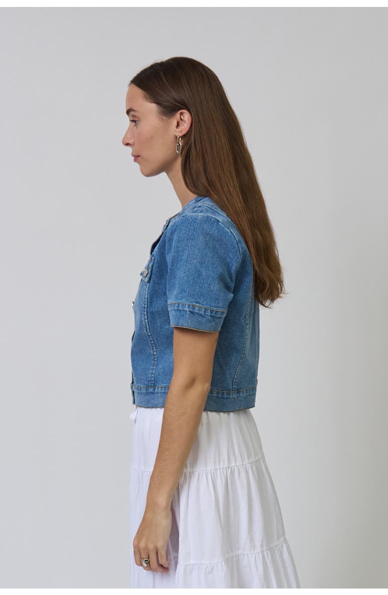 Central Park West Serena Short Sleeve Denim Jacket, Alternate, color, Medium Wash