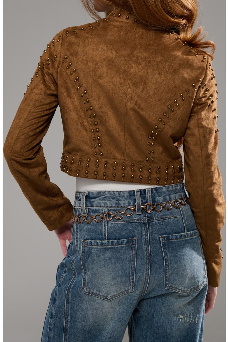 Silza Studded Faux Suede Moto Jacket, Alternate, color, BROWN