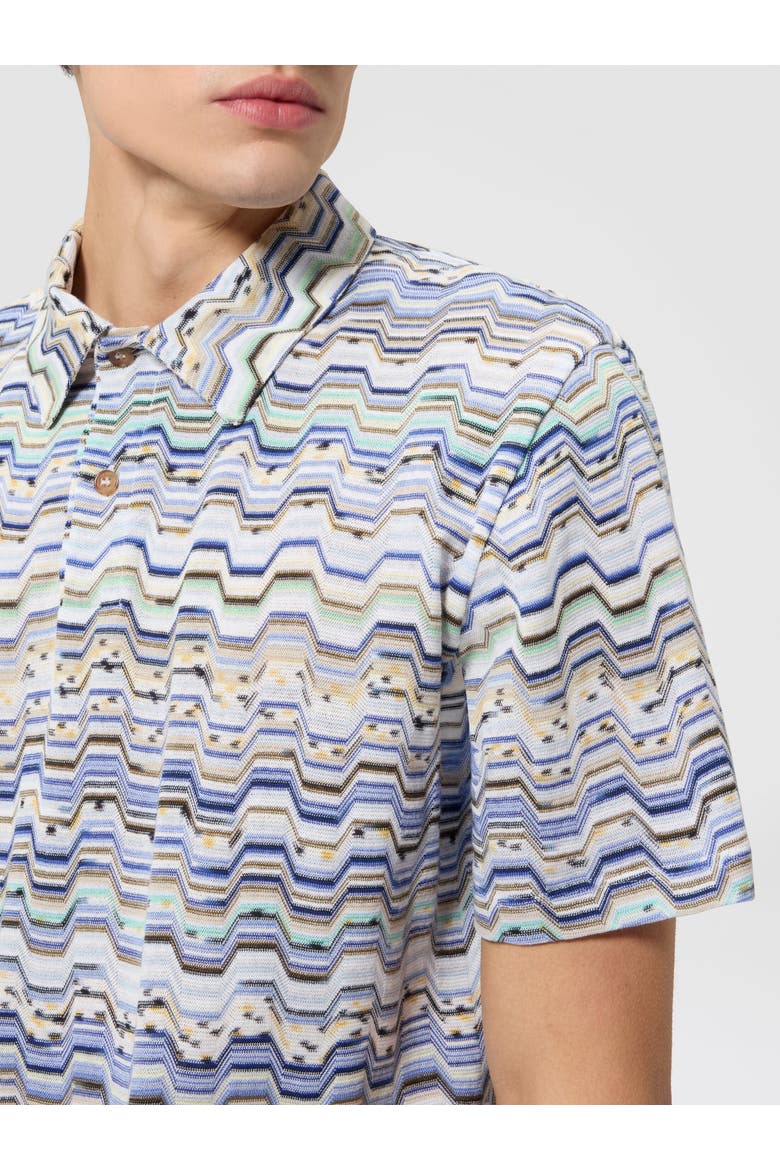 Cotton Polo Shirt With Raschel Knit And Greek Motif, Alternate, color, Light Blue