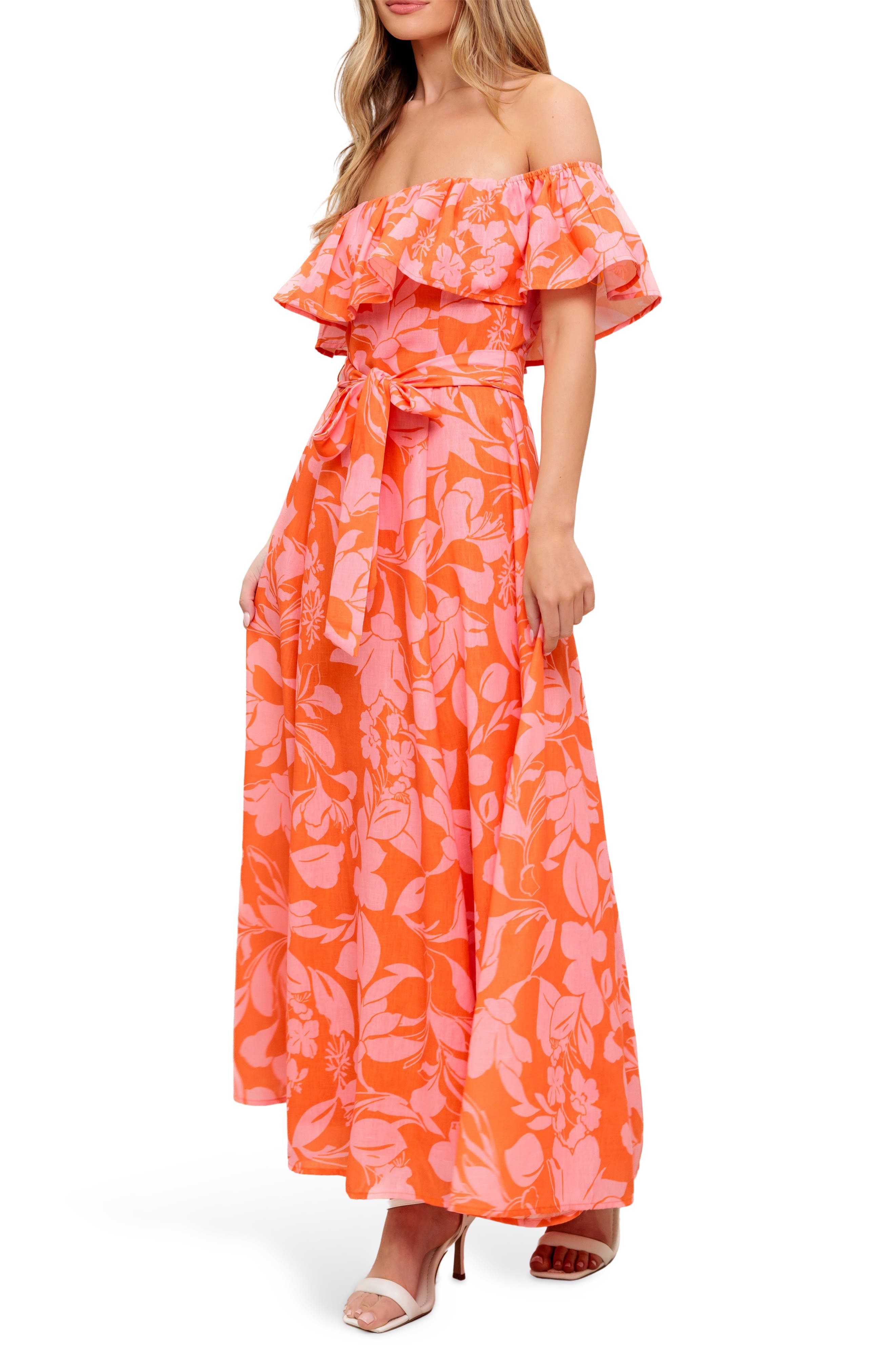 off shoulder maxi floral dress Off-Shoulder Ruffle Dance the night away in this stunning floral off the shoulder maxi dress Tropical Floral Off-Shoulder Smocked Bodice