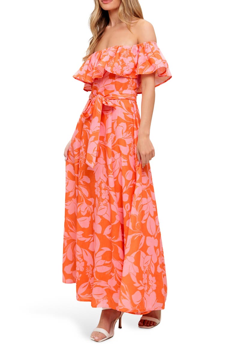 Floral Off the Shoulder Short Sleeve Maxi Dress, Alternate, color, ORANGE