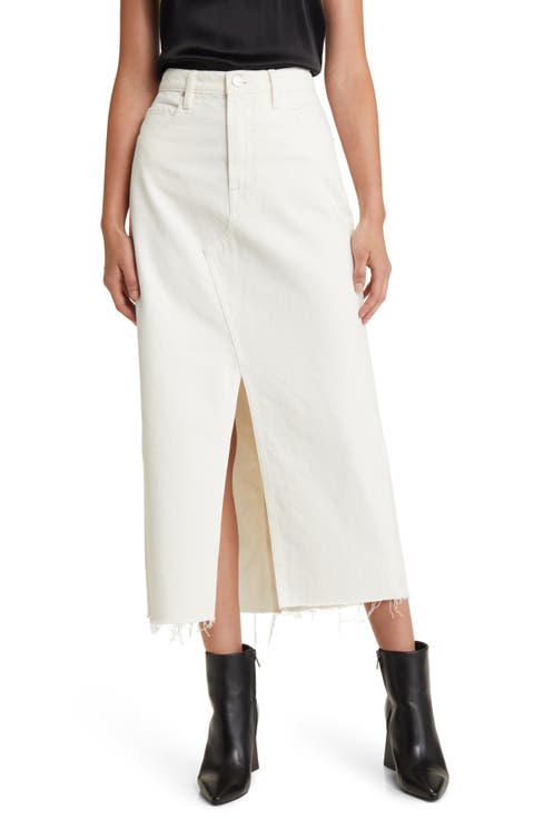 Angled Seam Raw Hem Denim Midi Skirt