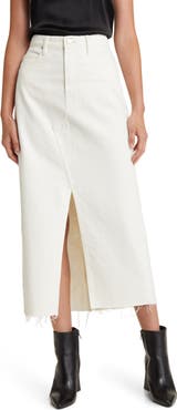 FRAME Angled Seam Raw Hem Denim Midi Skirt