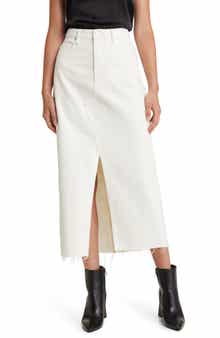 FRAME Angled Seam Raw Hem Denim Midi Skirt