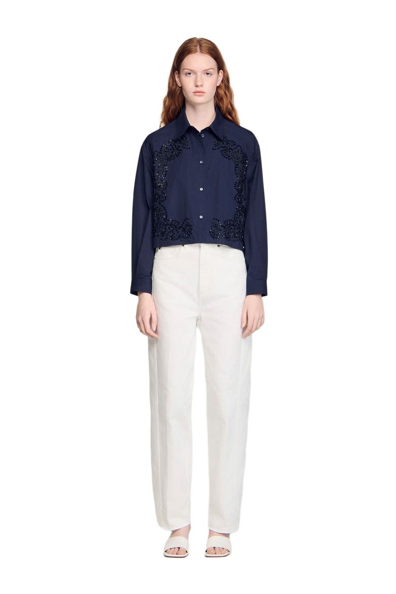 Floral embroidered cotton shirt, Alternate, color, Navy blue
