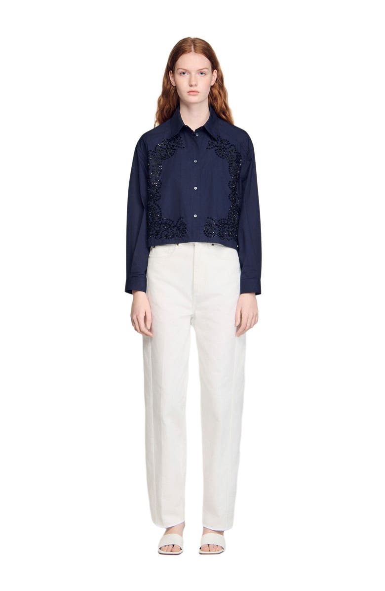 SANDRO Floral embroidered cotton shirt, Alternate, color, Navy Blue