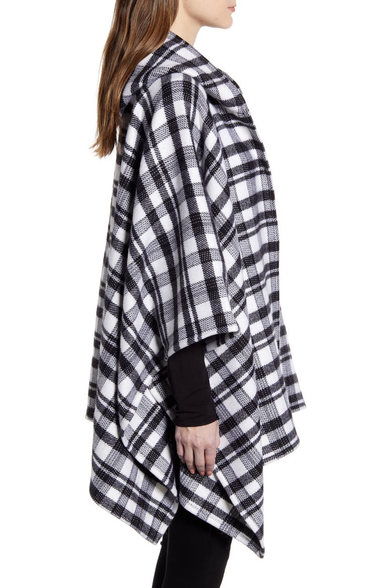 Tartan Plaid Hooded Wool Poncho, Alternate, color, BLACK/ IVORY