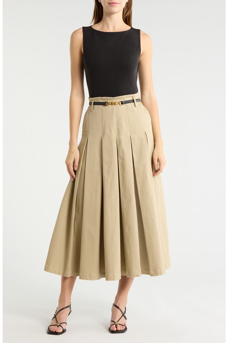 Mixed Media Pleated Dress, Main, color, BLACK AND KHAKI