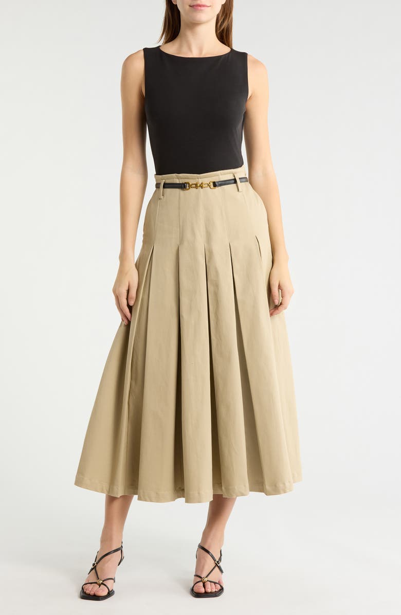 Avec Les Filles Mixed Media Pleated Dress, Main, color, Black And Khaki