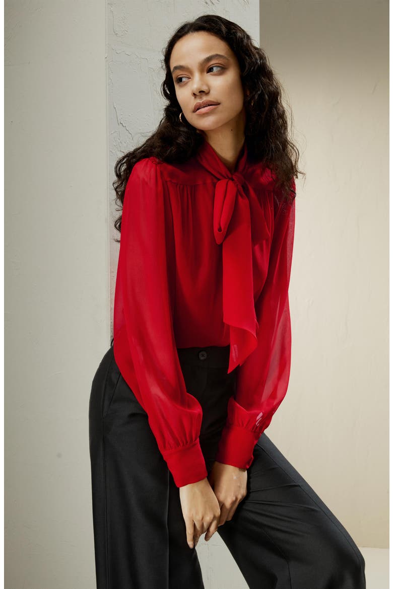 Women's Bow Tie Silk Jasmine Blouse, Alternate, color, Pomegranate Red
