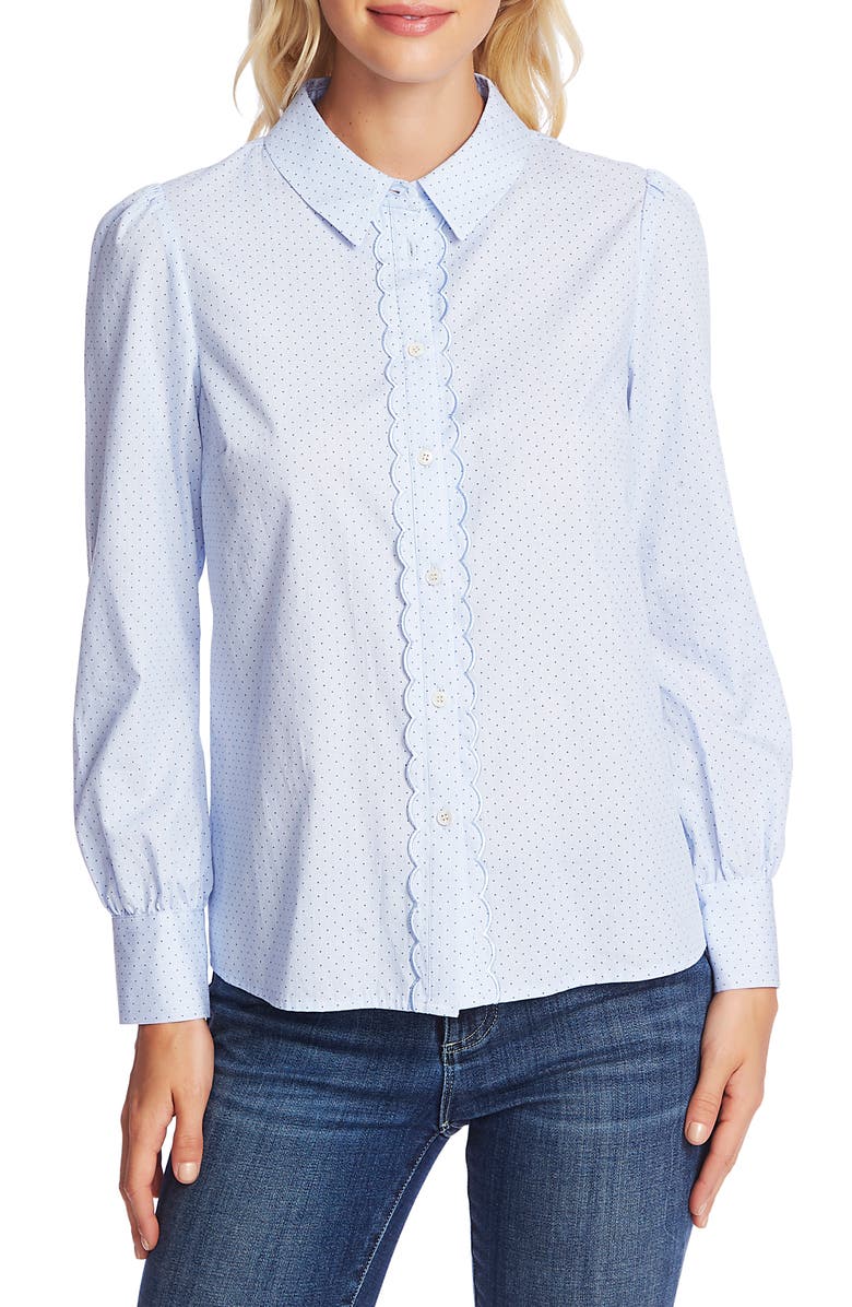 CeCe Pin Dot Scallop Placket Cotton Blouse, Main, color, 