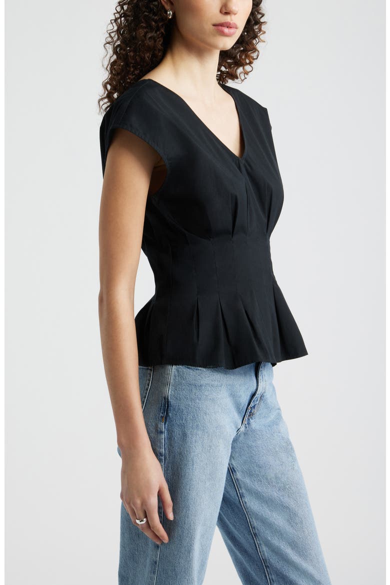Pleated V-Neck Poplin Top, Alternate, color, BLACK