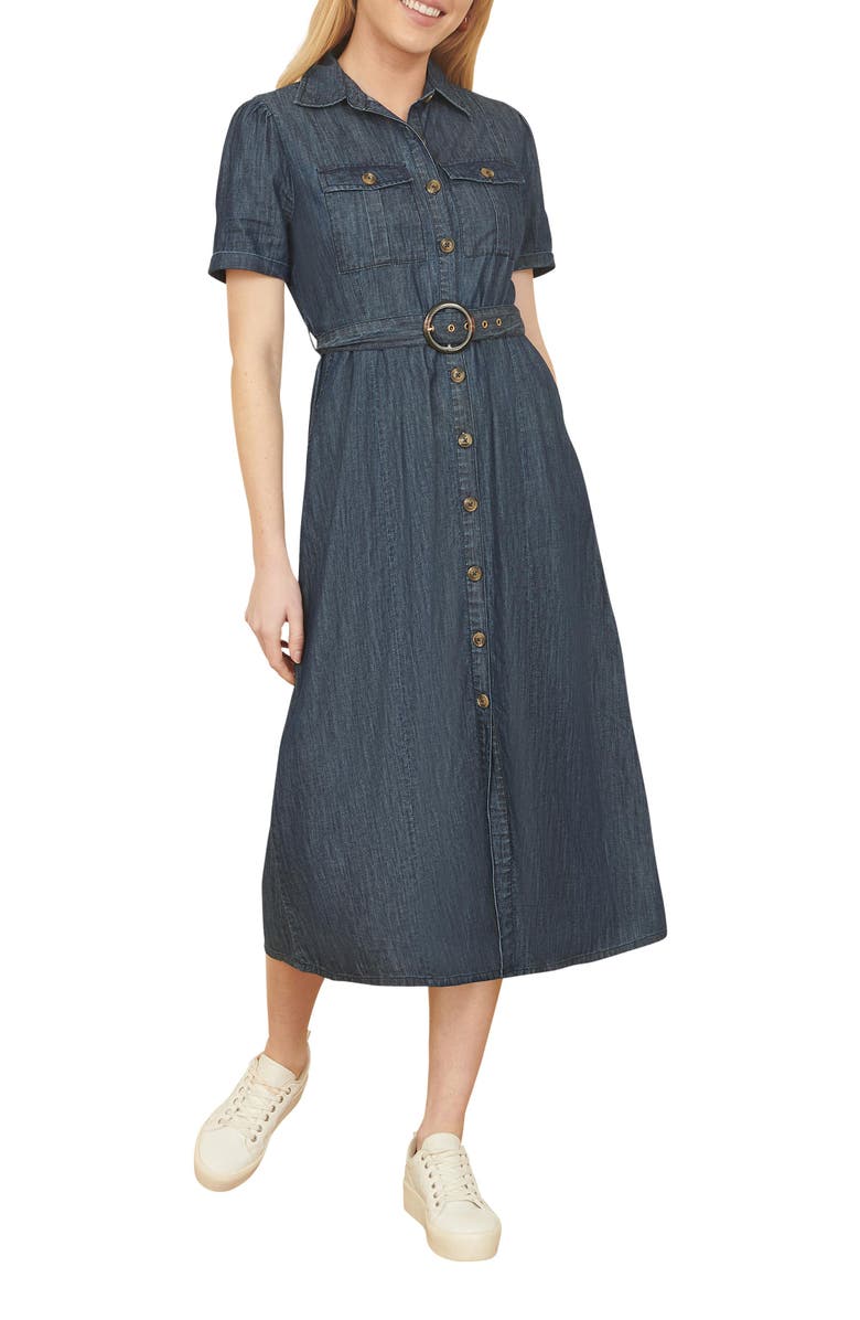 Yumi Chambray Denim Utility Midi Shirt Dress, Alternate, color, Blue