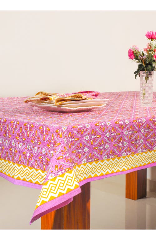 Tiramisu Orchid Luxe Block Print Cotton Tablecloth In Yellow/pink