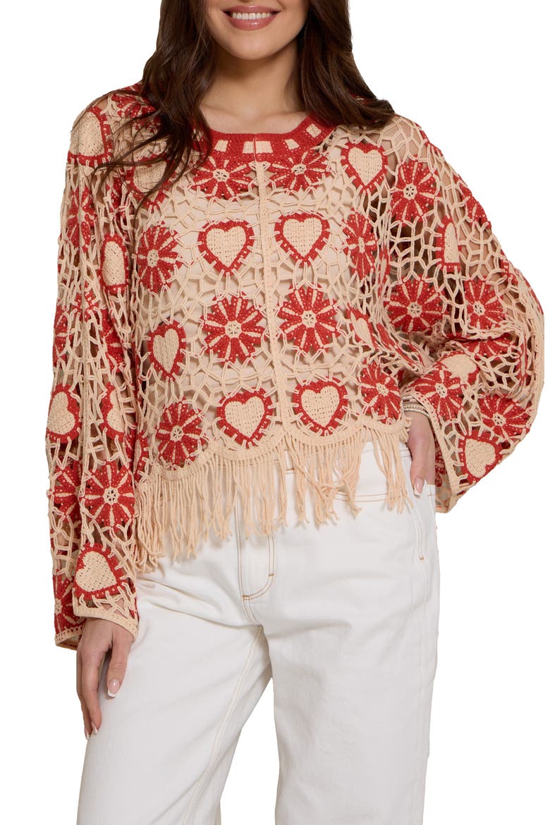 Heart Fringe Trim Crochet Poncho, Main, color, RED