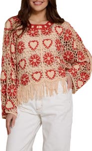 SAACHI Heart Fringe Trim Crochet Poncho